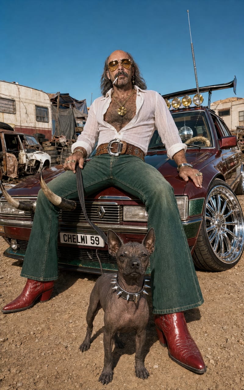 Chelmi Colson devant sa voiture avec son chien